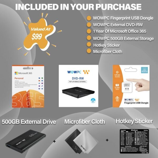 ASUS 14" FHD Laptop, Intel Celeron N4500 Processor, Windows 11 Home, MS Office 365, 4GB RAM, 564GB Storage (500GB External Drive + 64GB eMMC), with WOWPC External DVD & Fingerprint Reader