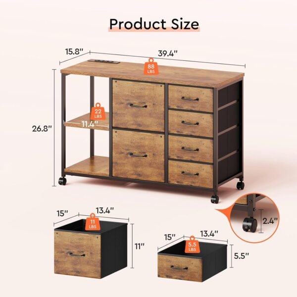 71LlurRJlyL._AC_SL1500_.jpg 6 Drawer File Cabinet with Charging Station Rolling Printer Stand with Open Storage Shelf Fabric Lateral Filing Cabinet for Home Office,Rustic Brown2