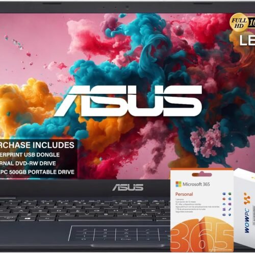 ASUS 14" FHD Laptop, Intel Celeron N4500 Processor, Windows 11 Home, MS Office 365, 4GB RAM, 564GB Storage (500GB External Drive + 64GB eMMC), with WOWPC External DVD & Fingerprint Reader