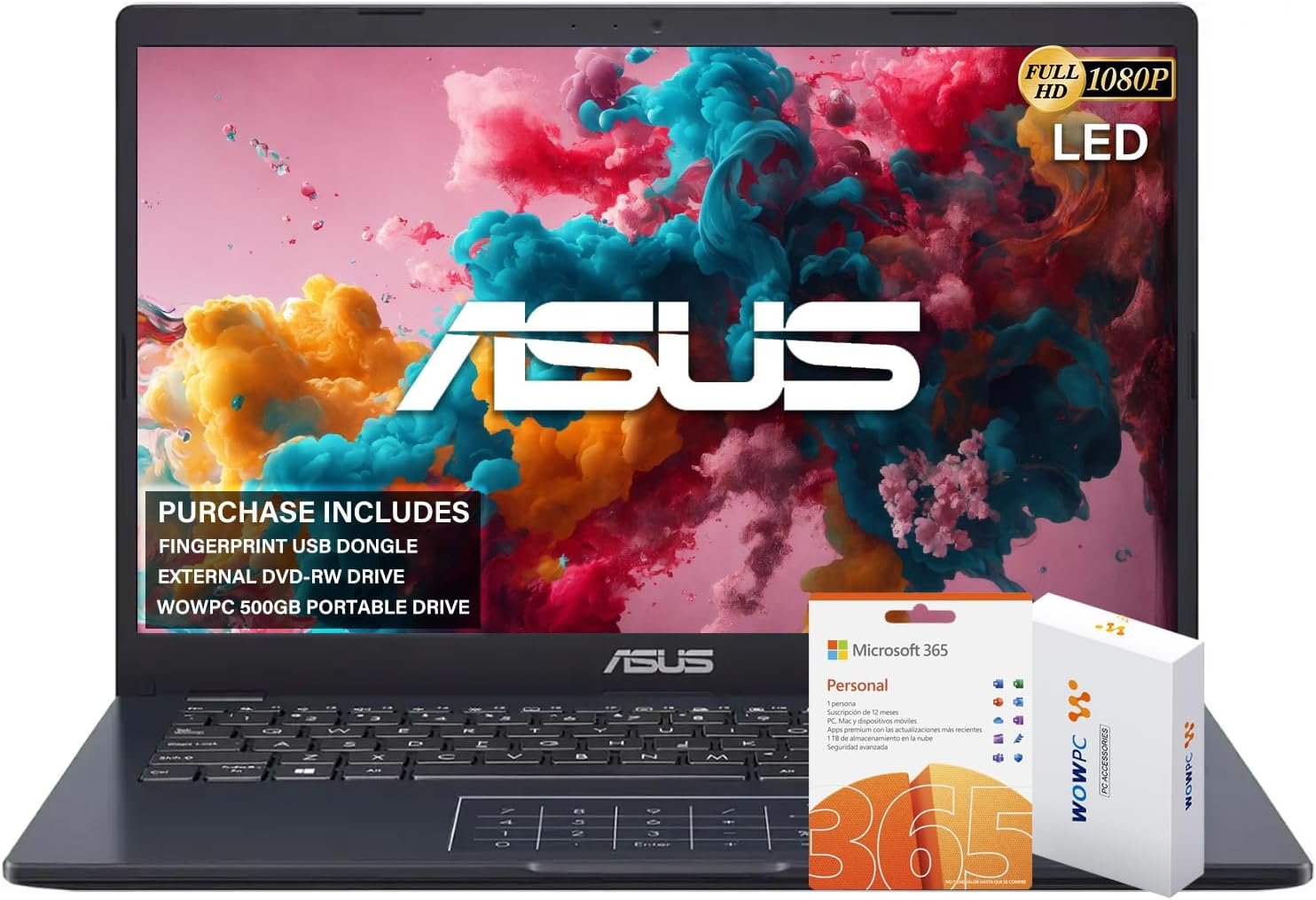 ASUS 14" FHD Laptop, Intel Celeron N4500 Processor, Windows 11 Home, MS Office 365, 4GB RAM, 564GB Storage (500GB External Drive + 64GB eMMC), with WOWPC External DVD & Fingerprint Reader