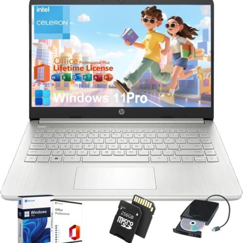 HP Student Business Laptop Computer - w/Microsoft Office Lifetime & Free CD/DVD Drive • 16GB RAM • 128GB eMMC & 256GB Extend Micro SD • Intel 4-Core Processor • HD Display • Win11 Pro(Silver)