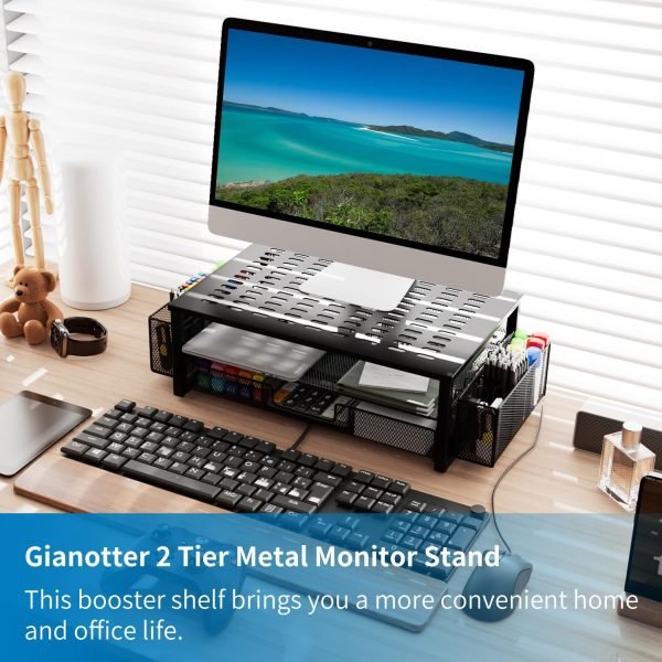 gianotter Desk Computer Monitor Stand Riser with Drawer and 2 Pen Holder, Desk Organizer, Monitor Stand for Desk, Storage for Classroom Office Supplies Decor (Black)