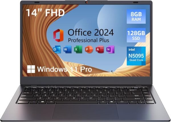 14 inch Windows 11 Laptop Computer, 8GB DDR4 RAM 128GB SSD, 4-Core Intel CPU (Up to 2.9GHz), Thin & Portable Notebook PC, WiFi, BT4.2, MS Office 2024