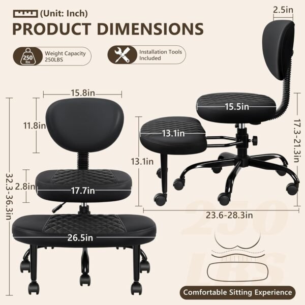 Cross Legged Office Meditation Chair with Wheels - Adjustable Height Yoga Kneeling Chair with Lumbar Support - Black