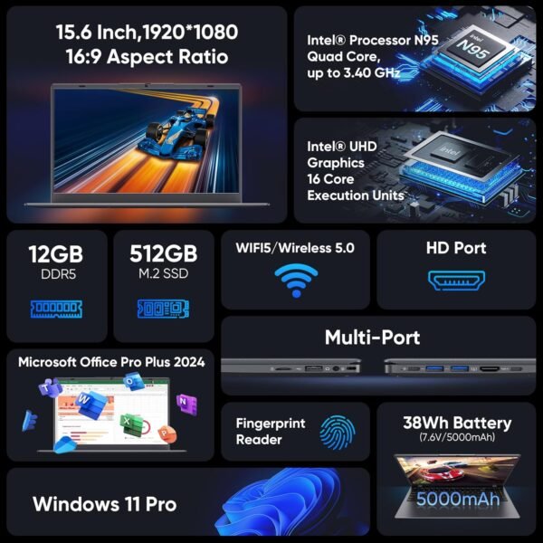 15.6 inch Win11 Laptop Computer, 1920x1080 IPS Screen, 12GB DDR5 RAM / 512GB SSD, N95(Beats N5095) Processor Notebook PC, Support Fingerprint, WiFi 5, BT, Full Size Keyboard