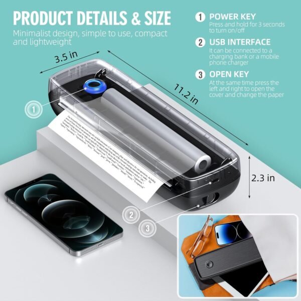 Portable Wireless Printer for Travel - 504 DPI High Resolution Inkless Mini Thermal Print, 4200mAh Battery, Bluetooth & USB (A4, A5, Letter, Legal) Compatible with Android and iOS,Black