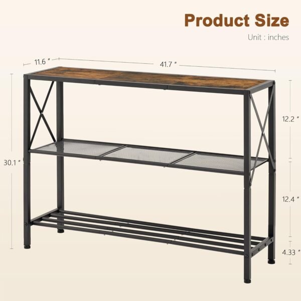 Hoctieon Industrial Console Table, 3 Tier Entryway Tables, Hallway Desk, Narrow Sofa Tables with Shelves, Entrance Table for Entryway, Living Room, Foyer, Hallway, Office, Rustic Brown&Black