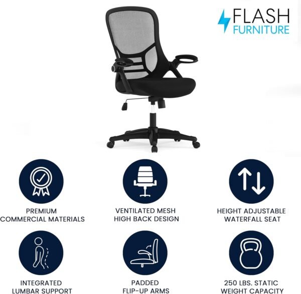 Flash Furniture Porter High Back Black Mesh Ergonomic Swivel Office Chair with Black Frame and Flip-up Arms