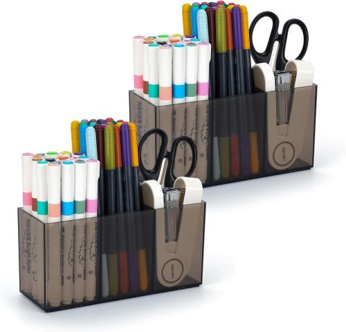 Ludato 2 Pack 3 Compartments Clear Acrylic Pencil Pen Holder Makeup Brush Desk Storage Organizer Accessories Holder Desktop Organizer for Office School Home Supplies