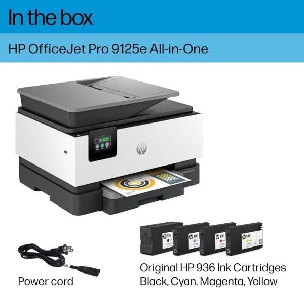 HP OfficeJet Pro 9125e All-in-One Printer, Color, Printer-for-Small Medium Business, Print, Copy, scan, fax,Touchscreen; Smart Advance Scan, 3 month Instant Ink trial included