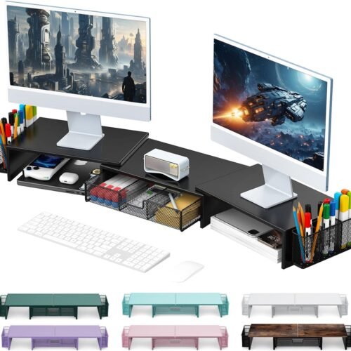 gianotter Dual Monitor Stand Riser, Desk Organizer With Drawer and 2 Pen Holders, Computer Monitor Stand, Desk Shelf for Top of Desk, Balck