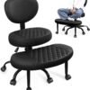 Cross Legged Office Meditation Chair with Wheels - Adjustable Height Yoga Kneeling Chair with Lumbar Support - Black