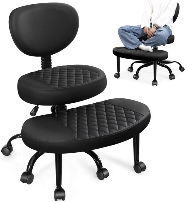 Cross Legged Office Meditation Chair with Wheels - Adjustable Height Yoga Kneeling Chair with Lumbar Support - Black