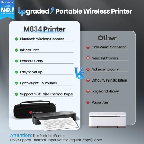 Phomemo Portable Printers Wireless for Travel Upgraded, M834 Bluetooth Thermal Printer 8.5" x 11"& A4 Size,Inkless Mobile Printer with Carry Case for Travel,Office,School,Car,Home,Black