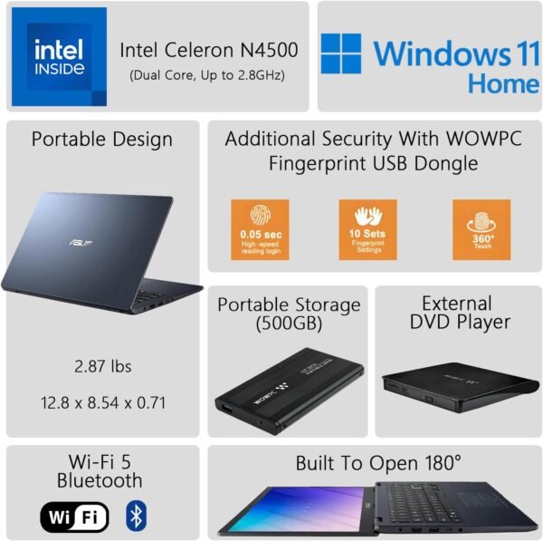ASUS 14" FHD Laptop, Intel Celeron N4500 Processor, Windows 11 Home, MS Office 365, 4GB RAM, 564GB Storage (500GB External Drive + 64GB eMMC), with WOWPC External DVD & Fingerprint Reader