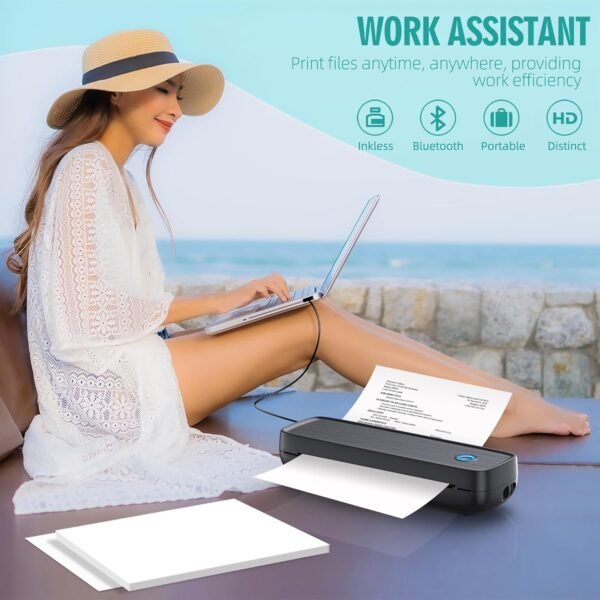 Portable Wireless Printer for Travel - 504 DPI High Resolution Inkless Mini Thermal Print, 4200mAh Battery, Bluetooth & USB (A4, A5, Letter, Legal) Compatible with Android and iOS,Black