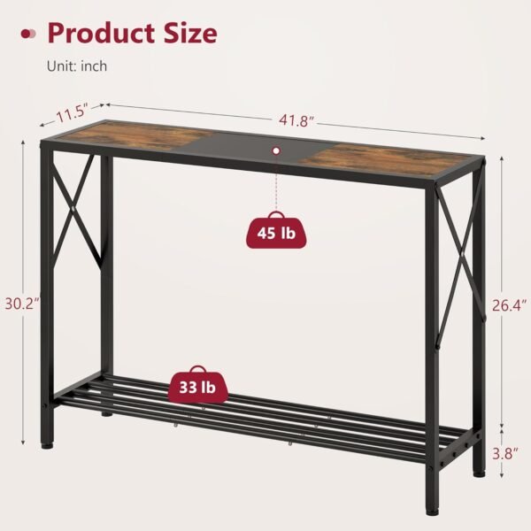 Tajsoon Console Table, 2-Tier Industrial Entryway Table, 41.8”L Narrow Entrance Sofa Table with Shelves, Hallway, Living Room, Foyer, Corridor, Office, Rustic Brown and Black
