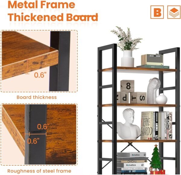 Sweetcrispy Book Shelf, 5 Tier Bookcase, Modern Tall Bookshelf for Garage Kit, CDs, Movies, Industrial Corner Storage Organizer for Bedroom Home Office Kitchen Living Room, Rustic Brown