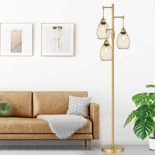 71XThi5sb4L._AC_SL1500_.jpg Dimmable Industrial Floor Lamps for Living Room, Gold Tree Standing Tall Lamps with 3 Elegant Teardrop Cage Head & 800 Lumens LED Bulbs for Bedroom Office
