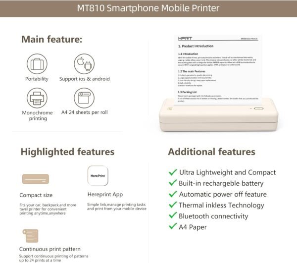 HPRT Portable Printers Wireless for Travel - MT810 Bluetooth Thermal Inkless Compact Printer, Paper Rolls Mobile Printing for Vehicles Office, Compatible with iPhone Android & Laptop