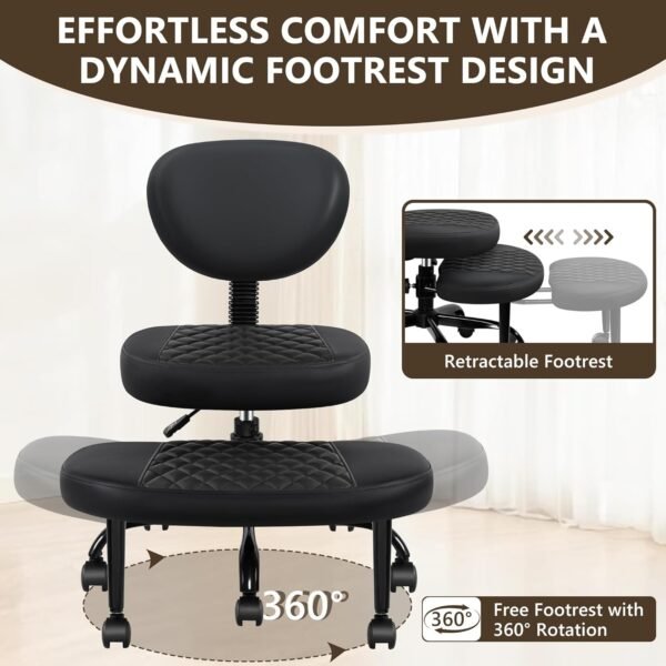 Cross Legged Office Meditation Chair with Wheels - Adjustable Height Yoga Kneeling Chair with Lumbar Support - Black