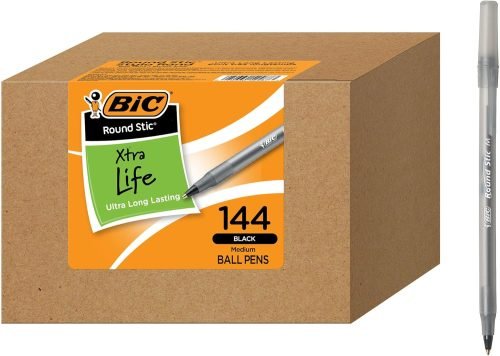BIC Round Stic Xtra Life Black Ballpoint Pens, Medium Point Pens (1.0mm), 144-Count Pack of Bulk Pens, Flexible Round Barrel for Writing Comfort, No. 1 Selling Ballpoint Pens