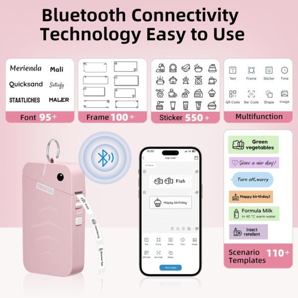 ORGSTA S001 Label Maker Machine with Tape, Portable Bluetooth Label Maker for Home and Office Organization, Thermal Label Printer Mini Label Maker with Multiple Templates, Pink