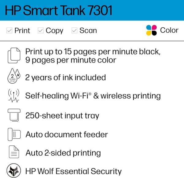 HP Smart -Tank 7301 Wireless All-in-One Cartridge-free Ink Printer, up to 2 years of ink included, mobile print, scan, copy, automatic document feeder (28B70A), Gray