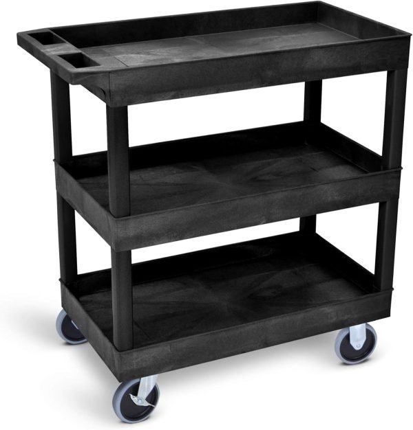 Stand Steady Tubstr 3 Shelf Utility Cart Supports Up to 375 lbs - Heavy-Duty Plastic Service Push Cart with Deep Shelves and 5" Casters, for Offices, Warehouse Storage, Garage (Black, 32 x 18 x 51)