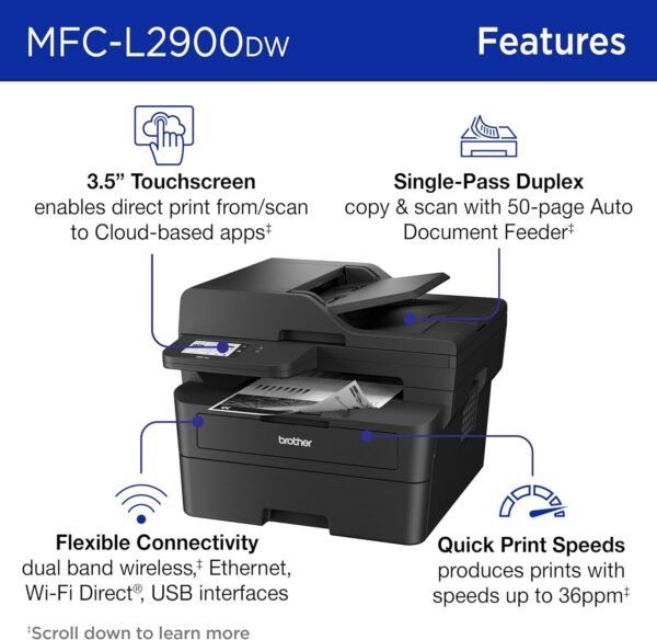 71aLG0neNbL._AC_SL1500_.jpg Brother Professional Laser Printer with Scanner, High-Speed 36 ppm Monochrome All-in-One, Wireless Duplex Printing and Scanning, Cloud-Ready 3.5 in Touchscreen for Small Business (MFC-L2900DW)
