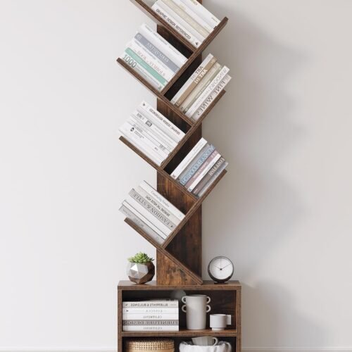 SUNMORY 6 Tier Tree Bookshelf, Small Bookcase with Storage Cabinet, Modern Tall Narrow Bookshelves Organizer, Floor Standing Book Shelf for Bedroom/Living Room/Home Office/Corner, Rustic Brown