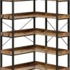 Rolanstar Bookshelf 5 Tier with 4 Hooks, Reversible Corner Bookshelf, 65" Industrial Wooden Bookcase with Open Shelves and Metal Frame for Living Room, Bedroom, Home Office, Rustic Brown