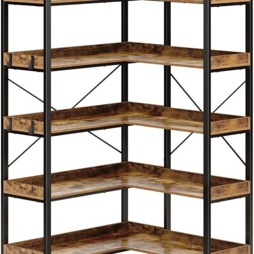 Rolanstar Bookshelf 5 Tier with 4 Hooks, Reversible Corner Bookshelf, 65" Industrial Wooden Bookcase with Open Shelves and Metal Frame for Living Room, Bedroom, Home Office, Rustic Brown