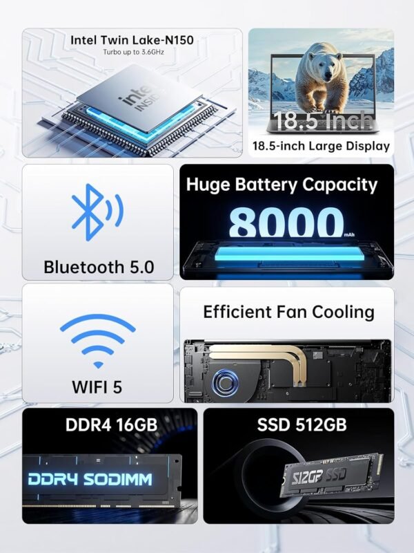 18.5"Laptop Computer with Windows 11 PRO,8000 mAh Battery,Intel N150 Quad-Core Processor UP to 3.6GHZ,16GB DDR4 RAM 512GB SSD,WiFi 5,Full HD IPS Display,2025 Laptops for Work Business Office Student