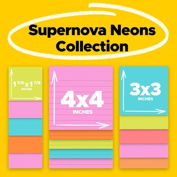 Post-it Super Sticky Lined Notes, 15 Sticky Note Pads, Multi-Size., School Supplies, Office Products, Sticky Notes for Vertical Surfaces, Monitors, Walls and Windows, Supernova Neons Collection