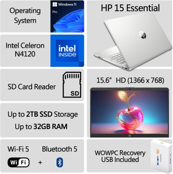 HP Latest 15" Laptop, Intel Celeron N4120 Quad-core Processor, 32GB RAM, 1TB SSD, 15.6" HD Micro Edge LED Display, Fast Charge, SD Card Reader, Windows 11 Pro, WOWPC Recovery USB