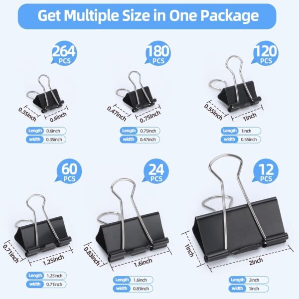 660 PCS Binder Clips Assorted Sizes Including X Large, Large, Medium, Small, X Small and Micro, Office Supplies File Clamps Paper Clips, 6 Sizes in 1 Pack, Metal Black Clamps for School, Home