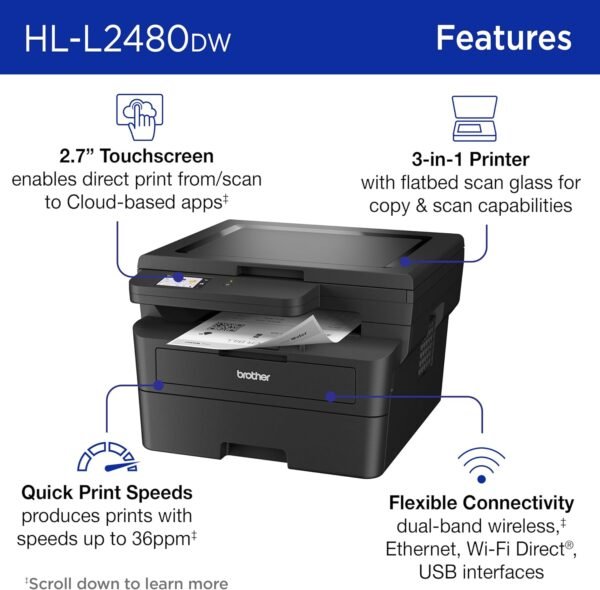 71elSsKM7PL._AC_SL1500_.jpg Brother HL-L2480DW Wireless Compact Monochrome Multi-Function Laser Printer with Copy and Scan, Duplex, Mobile, Black & White | Includes Refresh Subscription Trial(1), Amazon Dash Replenishment Ready