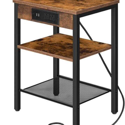 HOOBRO End Table with Charging Station and USB Ports, Small Side Table for Small Space, 3-Tier Nightstand with Adjustable Shelf, for Living Room, Bedroom and Balcony, Rustic Brown BF112BZ01