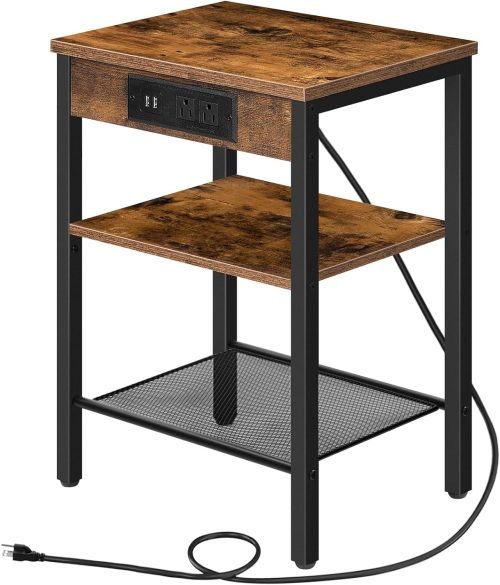 HOOBRO End Table with Charging Station and USB Ports, Small Side Table for Small Space, 3-Tier Nightstand with Adjustable Shelf, for Living Room, Bedroom and Balcony, Rustic Brown BF112BZ01
