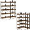 Rolanstar Bookshelf 5 Tier with 4 Hooks, Reversible Corner Bookshelf, 65" Industrial Wooden Bookcase with Open Shelves and Metal Frame for Living Room, Bedroom, Home Office, Rustic Brown