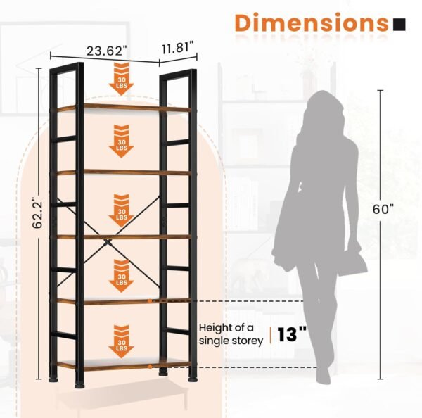 Sweetcrispy Book Shelf, 5 Tier Bookcase, Modern Tall Bookshelf for Garage Kit, CDs, Movies, Industrial Corner Storage Organizer for Bedroom Home Office Kitchen Living Room, Rustic Brown