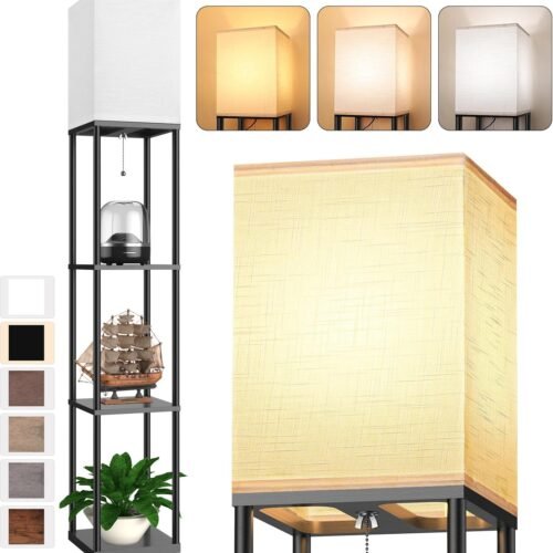 Floor Lamp with Shelves for Living Room, Shelf Floor Lamp with 3 CCT LED Bulb, Corner Display Standing Column Lamp Etagere Organizer Tower Nightstand with White Linen Shade for Bedroom, Office