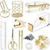 EOOUT Gold Office Supplies Set Desk Accessories, Acrylic Stapler Set Staple Remover, Phone Holder, Tape Holder, Pen Holder, 2 Ballpoint Pen, Scissor, Binder Clips, Ruler, Transparent Glue and Staples.
