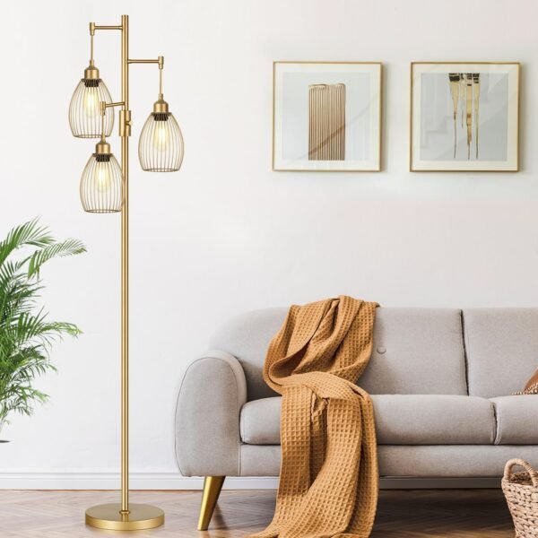 71gMp059wKL._AC_SL1500_.jpg Dimmable Industrial Floor Lamps for Living Room, Gold Tree Standing Tall Lamps with 3 Elegant Teardrop Cage Head & 800 Lumens LED Bulbs for Bedroom Office