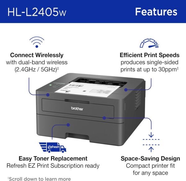 71gpS133hWL._AC_SL1500_.jpg Brother HL-L2405W Wireless Compact Monochrome Laser Printer with Mobile Printing, Black & White Output | Includes Refresh Subscription Trial(1), Amazon Dash Replenishment Ready