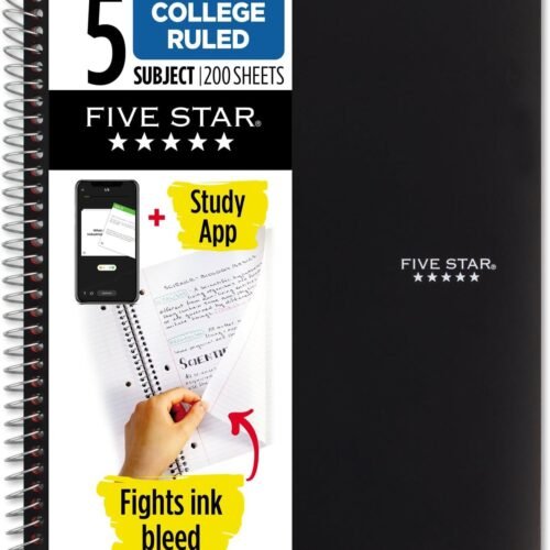 Five Star Spiral Notebook + Study App, 5 Subject, College Ruled Paper, Fights Ink Bleed, Water Resistant Cover, 8-1/2" x 11", 200 Sheets, Black (72081)