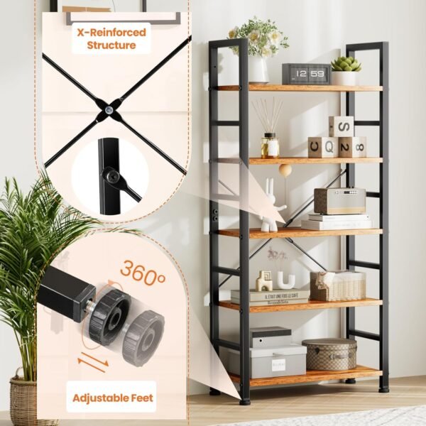 Sweetcrispy Book Shelf, 5 Tier Bookcase, Modern Tall Bookshelf for Garage Kit, CDs, Movies, Industrial Corner Storage Organizer for Bedroom Home Office Kitchen Living Room, Rustic Brown