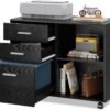 DEVAISE 3 Drawer Mobile File Cabinet, Wood Lateral Filing Cabinet, Printer Stand with Open Shelves for Home Office, Black