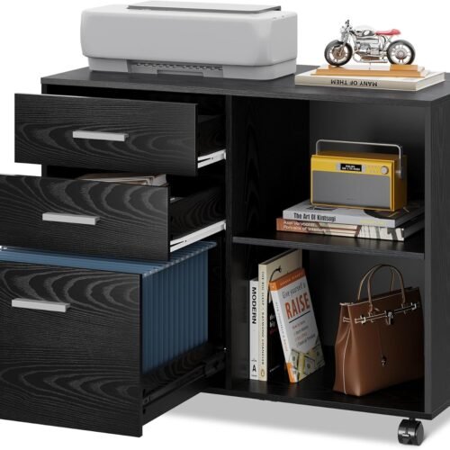 DEVAISE 3 Drawer Mobile File Cabinet, Wood Lateral Filing Cabinet, Printer Stand with Open Shelves for Home Office, Black